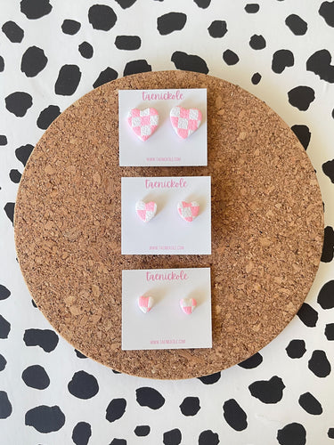 Pink Checkered Heart Studs